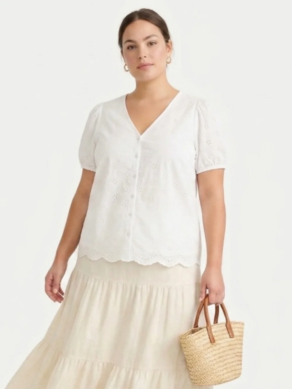 J.Crew Eyelet Blouse XL White Button Front Cottagecore Coastal Grandma Boho